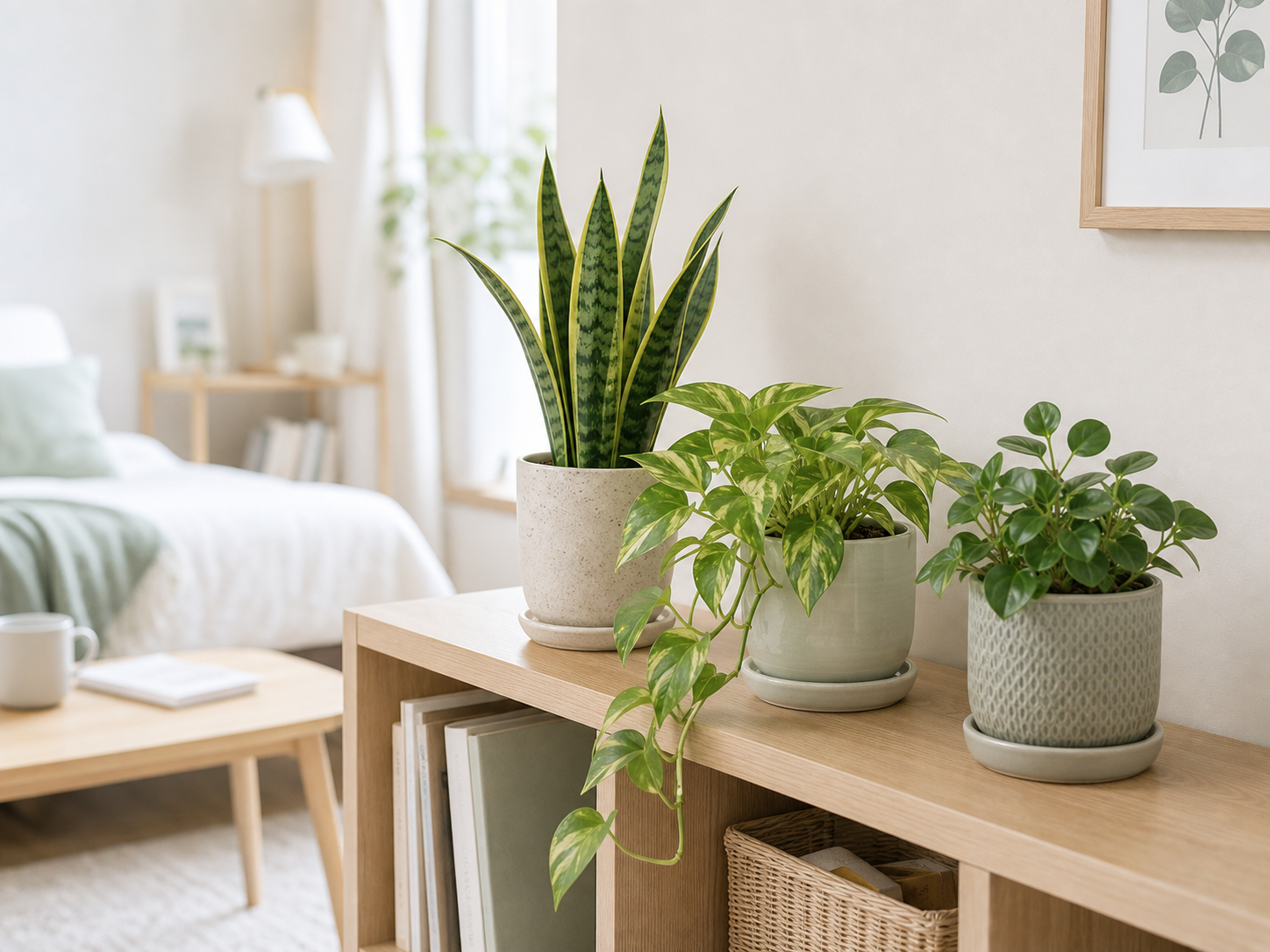一人暮らしの部屋に小さな観葉植物が3種類並んだ比較しやすい棚の様子