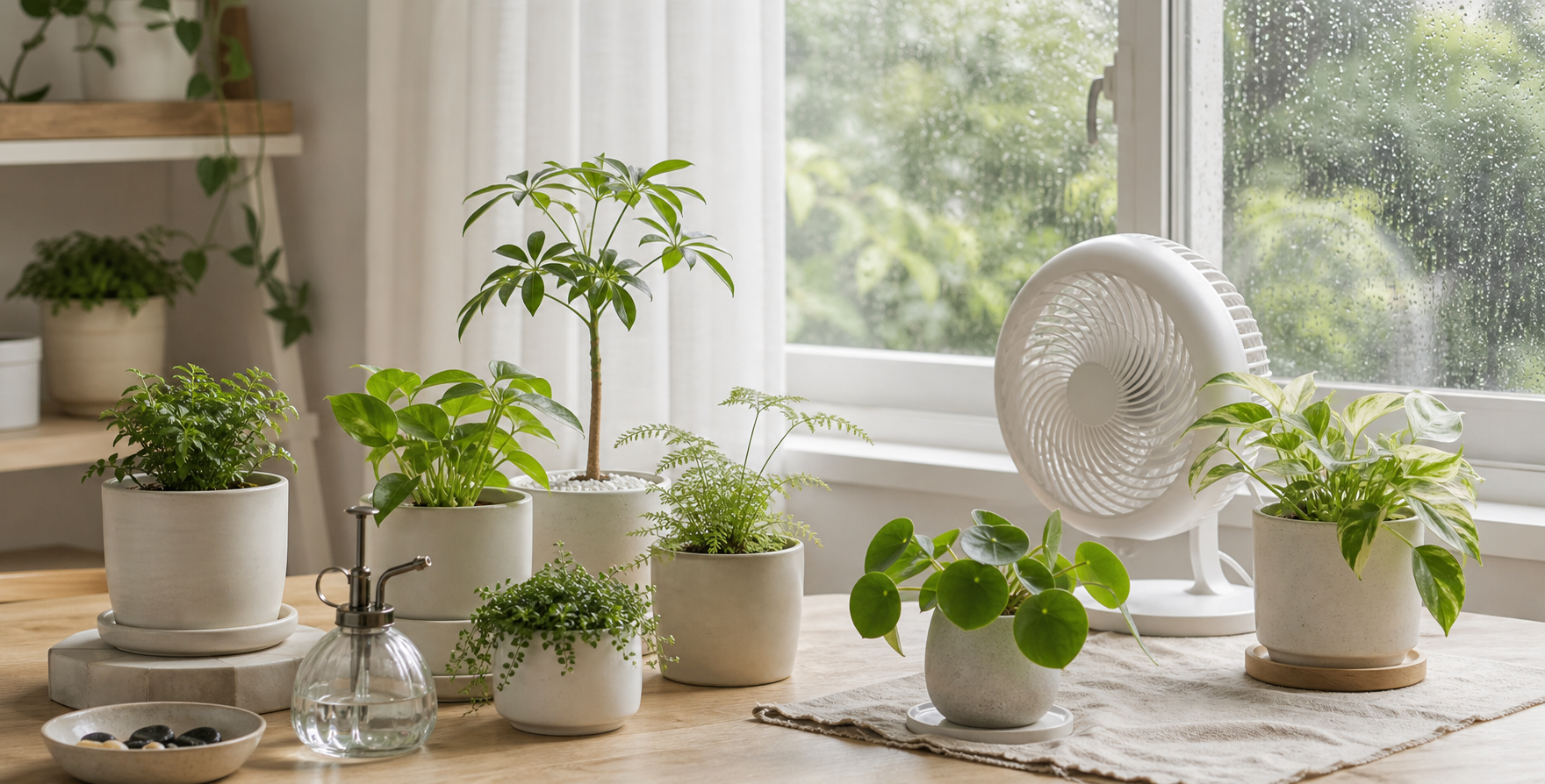 梅雨の室内で管理される観葉植物のイメージ