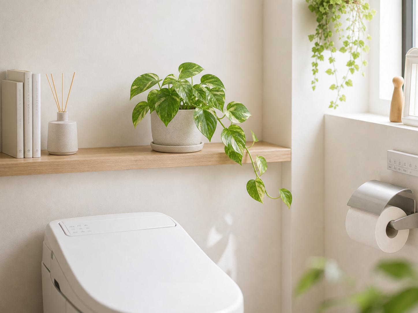 トイレの棚に小さな観葉植物を清潔感よく置いた様子